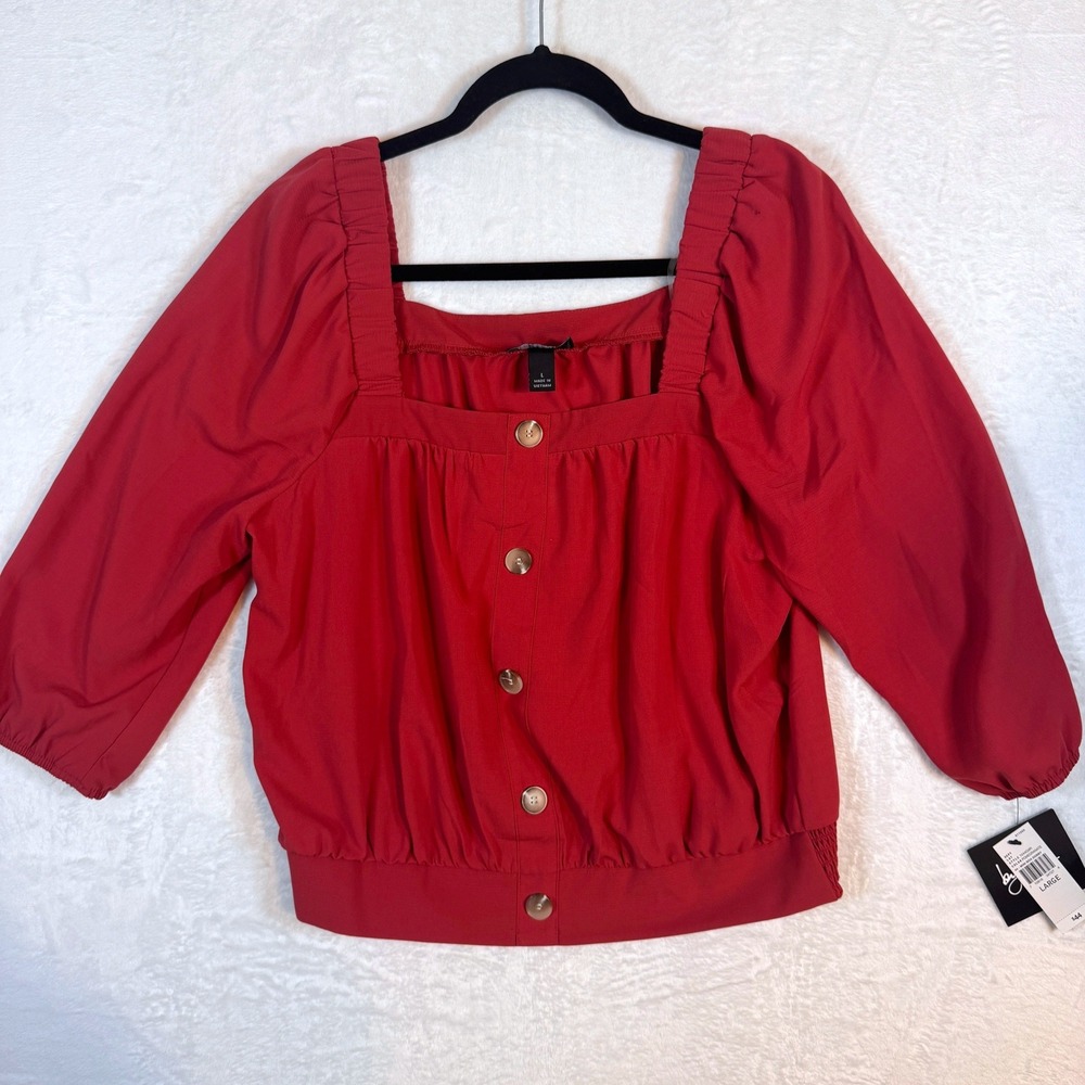 By & By Blouse Square Neck Boho Indie‎ Puff Sleeve Large Red Womens
